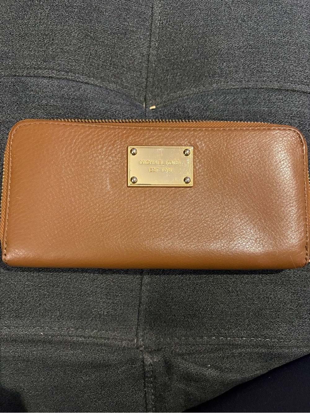Michael Kors Brown Pebbled Leather Zip Wallet with Gold Plaque